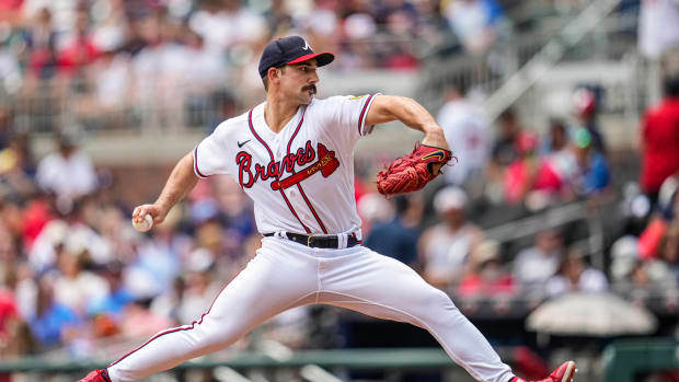 Jul 2, 2023; Cumberland, Georgia, USA; Atlanta Braves starting pitcher Spencer Strider (99) pitches against the Miami Marlins during the second inning at Truist Park.